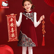 Hello Kitty女童裙子冬季加厚連衣裙女孩紅色拜年服大兒童新年裝16134紅色130