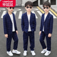 樂(lè )芭鼠童裝兒童西服套裝男春秋新款韓版小孩西裝藏青格子帥氣休閑男童潮衣LBS06 藏青色 140 cm