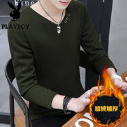 花花公子（PLAYBOY）T恤男春秋季新款針織衫體恤男士V領(lǐng)純色毛衫保暖打底衫上衣服男裝 818軍綠色 加絨 4XL 約165-180斤