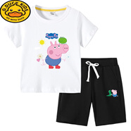 G.duck小豬佩奇童裝夏季男童短袖短褲套裝兒童棉半袖上衣男孩運動(dòng)中褲 白色+黑色 150 cm