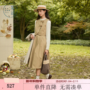 紫涵（ZIHAN）紫涵短款無(wú)袖馬甲立領(lǐng)長(cháng)袖收腰連衣裙內外兩件套裝女2025秋季新款 卡其 S