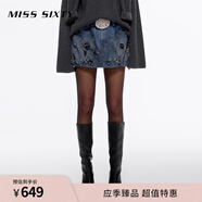 MISS SIXTY冬牛仔半身裙女重工釘珠亮片網(wǎng)紗做舊感洗水迷你超短裙 深藍 S