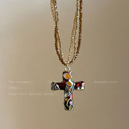 CHAUIYIN潮茵異域風(fēng)情復古做舊十字架項鏈女款小眾獨特設計波西米亞串珠配飾 褐色十字架項鏈