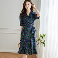 奢汐（Srcr）100%桑蠶絲真絲連衣裙女高級感氣質(zhì)收腰顯瘦魚(yú)尾裙子