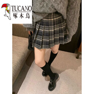 啄木鳥(niǎo)（TUCANO）復古格子毛呢百褶裙女秋冬季大尺碼胖m妹韓版學(xué)院風(fēng)高腰顯瘦a字短 藍灰色 2XL 【135-150斤】