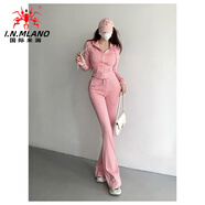國際米瀾歐美辣妹秋裝衛衣連帽外套喇叭褲套裝女秋冬運動(dòng)兩件套 粉紅色 S