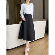 OLOEY國際一線(xiàn)品牌黑色赫本風(fēng)半身裙女秋冬高腰顯瘦a字通勤中長(cháng)款裙子 黑色 S