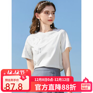 艾蓓怡粉色涼感冰瓷棉珍珠立體蝴蝶短袖T恤女白色2024夏季新款上衣別致 米白色 M