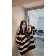 芳履遇大碼女裝慵懶風(fēng)白色條紋針織開(kāi)衫毛衣外套女秋冬季中長(cháng)款上衣 黑白條紋毛衣外套單件 M (80-100)斤