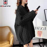 AEMAPE粗毛線(xiàn)麻花圓領(lǐng)套頭毛衣女2025秋冬新款寬松中長(cháng)款紅色針織衫上衣 黑色中長(cháng)款 L 100到120斤