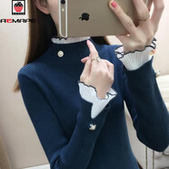 AEMAPE加絨厚加厚毛衣女外穿秋冬新款修身針織洋氣內搭上衣蕾絲打底衫 藍色 L 105-115斤
