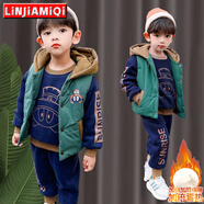 鄰家米其童裝男童套裝冬裝加絨加厚三件套寶寶嬰幼兒童裝男孩冬季小孩衣服 XT3609（馬甲+衛衣+褲）-眼睛款 120 碼/身高105-115cm（4-5歲）