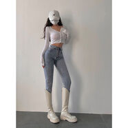 YoungGirlDay辣妹性感高腰翻邊單排扣緊身顯瘦小腳鉛筆褲牛仔褲女 淺藍色 XS XS