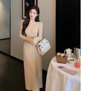 依樂(lè )琦法式V領(lǐng)麻花連衣褲顯瘦褲裙女初秋純欲辣妹穿搭 卡其色 XL