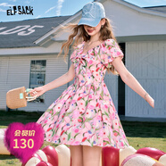 妖精的口袋法式v領(lǐng)碎花連衣裙女2024夏新款收腰顯瘦氣質(zhì)公主裙子 花花粉色 L