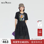 謎底夏新款甜美中長(cháng)裙拼接收腰圓領(lǐng)短袖高腰連衣裙235ML6011 黑色 S