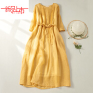 啄木鳥(niǎo)（TUCANO）苧麻連衣裙森女系帶風(fēng)琴褶短袖棉亞麻長(cháng)袍子2025新款 黃色(少量現貨) L 【建議115-135斤】