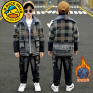 G.duck男童冬款加絨牛仔套裝2024新款中大童男孩冬季加厚保暖兩件套潮 飄帶套裝 加絨 160