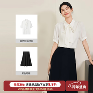 圖曼朵白色蝴蝶結加絨長(cháng)袖襯衫女士職業(yè)正裝教資面試套裝通勤襯衣 白色短袖襯衫+黑色短裙(夏薄款） 小個(gè)子優(yōu)選 L 推薦116-122斤可穿