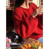 AEMAPE法式洋氣黃色針織衫毛衣套頭2025新款女冬季粗棒針寬松慵懶風(fēng)上衣 紅色 均碼 -85-130斤