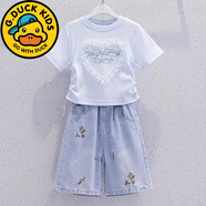 G.duck小黃鴨女童套裝夏裝洋氣短袖上衣夏季兒童短褲牛仔五分褲兩件套 淡藍色花邊短袖+繡花五分短褲 120 建議110-120cm3-4歲 建議身