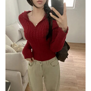 TAFN實(shí)拍 韓版連帽針織衛衣麻花修身性感長(cháng)袖毛衣收腰套頭v領(lǐng)針織上衣 紅色 S