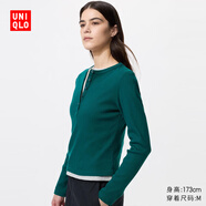 優(yōu)衣庫女裝羅紋亨利領(lǐng)T恤/長(cháng)袖修身短款內搭打底479591 487908 487908/58深綠色 XL