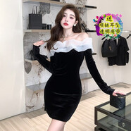 高級洋氣少女性感氣質(zhì)荷葉邊一字領(lǐng)顯肩長(cháng)袖連衣裙包臀短裙小禮服 黑色原版 S