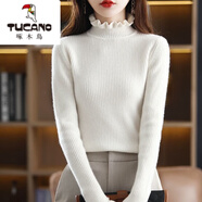 啄木鳥(niǎo)（TUCANO）秋冬新款半高領(lǐng)羊.毛衫女修身打底衫荷葉領(lǐng)毛衣顯瘦氣質(zhì)針織上衣 白色 M 90-100斤