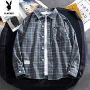 花花公子（PLAYBOY）日系格子襯衫男士長(cháng)袖春秋季薄款復古襯衣夏潮牌休閑百搭情侶外套 G37深灰色 M 100-120斤左右