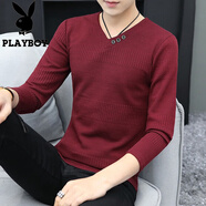 花花公子（PLAYBOY）T恤男春秋季新款針織衫體恤男士V領(lǐng)純色毛衫保暖打底衫上衣服男裝 818酒紅色 常規 L 約105-120斤