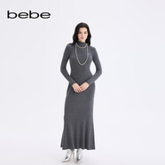 bebe2025秋冬新款女士氣質(zhì)含羊毛高領(lǐng)A字裙擺針織連衣裙430901 深灰 L