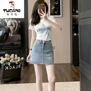 啄木鳥(niǎo)（TUCANO）時(shí)尚氣質(zhì)休閑牛仔半身裙短袖體恤套裝女夏季2025新款包臀裙兩件套 白色短袖體恤+藍色牛仔半身裙 S