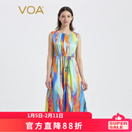 VOA桑蠶絲彈力印花圓領(lǐng)無(wú)袖碎褶松緊腰開(kāi)叉沙灘度假休閑連衣裙AD0207 彩色羽翼（C47） M