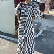 韓國chic夏季復古氣質(zhì)圓領(lǐng)寬松休閑泡泡袖條紋T恤連衣裙長(cháng)裙女 白色 均碼 均碼