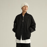 字由春秋季美式重磅休閑刺繡棒球服男女日系潮牌寬松飛行夾克外套 黑色 M