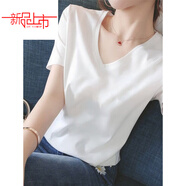 皮爾卡丹（pierre cardin）純C棉V領(lǐng)短袖t恤潮牌國潮女領(lǐng)2025早春夏季小眾設計感白色上衣服 純色【白色v領(lǐng)】 M 【96-110斤】