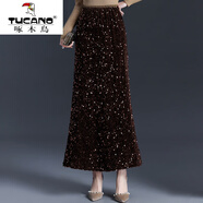 啄木鳥(niǎo)（TUCANO）酒紅色絲絨亮片半身裙女春秋新款高腰顯瘦氣質(zhì)長(cháng)款時(shí)尚a字魚(yú)尾裙 咖色 均碼
