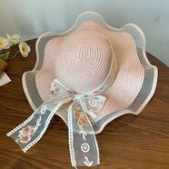 暢印花朵蝴蝶結蕾絲拉菲草帽女海邊沙灘度假風(fēng)大帽檐遮陽(yáng)防曬太陽(yáng)帽子 繡花蝴蝶結-粉色