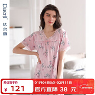 達爾麗睡裙女夏季短袖純棉中裙蕾絲花邊V領(lǐng)寬松印花新疆棉家居服女套裝 粉紅T8212201-011 2XL 【建議體重120-150斤】