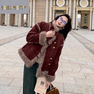 夏典素訂女王（SE.PSTP）皮毛一體毛毛絨外套女2025冬季新款韓版寬松仿麂皮絨加厚機車(chē)服潮 安可拉紅 S 【建議85-100斤】