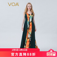 VOA100%真絲提花鳳尾蝶圓領(lǐng)無(wú)袖寬松印花褶皺大擺桑蠶絲連衣裙AE1019 鳳尾蝶（C49） M