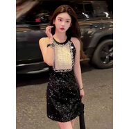 名媛重工燙鉆無(wú)袖禮服裙女撞色亮片掛頸時(shí)尚收腰a字短裙子洋裝 黑色 L L