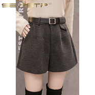 夏典素訂女王（SE.PSTP）素訂女王大碼毛呢短褲女秋冬新款高腰A字闊腿褲200斤胖妹妹mm外穿 深灰色 M 【建議80-100斤】