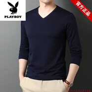 花花公子（PLAYBOY）秋冬V領(lǐng)長(cháng)袖男純色休閑百搭雞心領(lǐng)秋衣男潮流內穿打底衫上衣t恤男 藏青V長(cháng) XL [建議120-135斤]