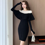 針織連衣裙女秋冬季2024新款黑白撞色荷葉邊感包臀打底裙內搭 黑色 S S