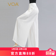 VOA絲綢順紆31姆米重磅白色兩種面料拼接條紋線(xiàn)條感垂墜闊腿褲 KE670 芊白落雪（W72） M