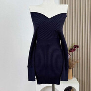 書(shū)與茶純欲性感長(cháng)袖連衣裙秋冬季氣質(zhì)顯瘦性感辣妹純色針織修身短款裙子 藏青 均碼 (80) 80-120斤