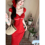 Sun雅喬甜蜜蜜雙版本夏季甜美修身雪紡紅色碎花荷葉邊連衣裙 短袖版送發(fā)圈 M M