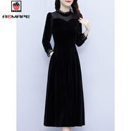 AEMAPE黑色連衣裙士長(cháng)袖2025春秋季新款拼接蕾絲中長(cháng)款禮服打底裙子 黑色 3XL 135-145斤